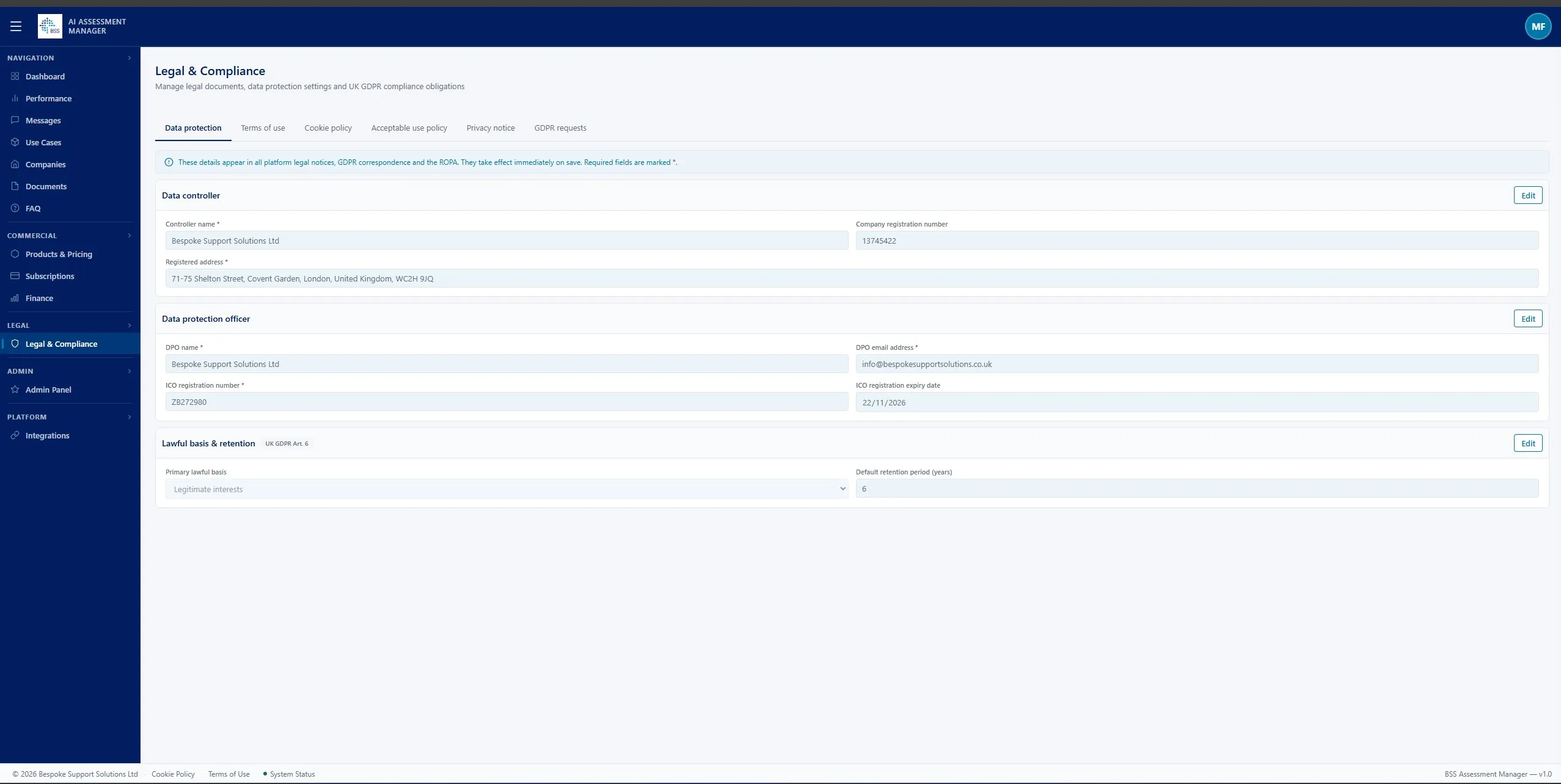AIMS Legal and Compliance management showing data controller, DPO, ICO registration, and lawful basis configuration