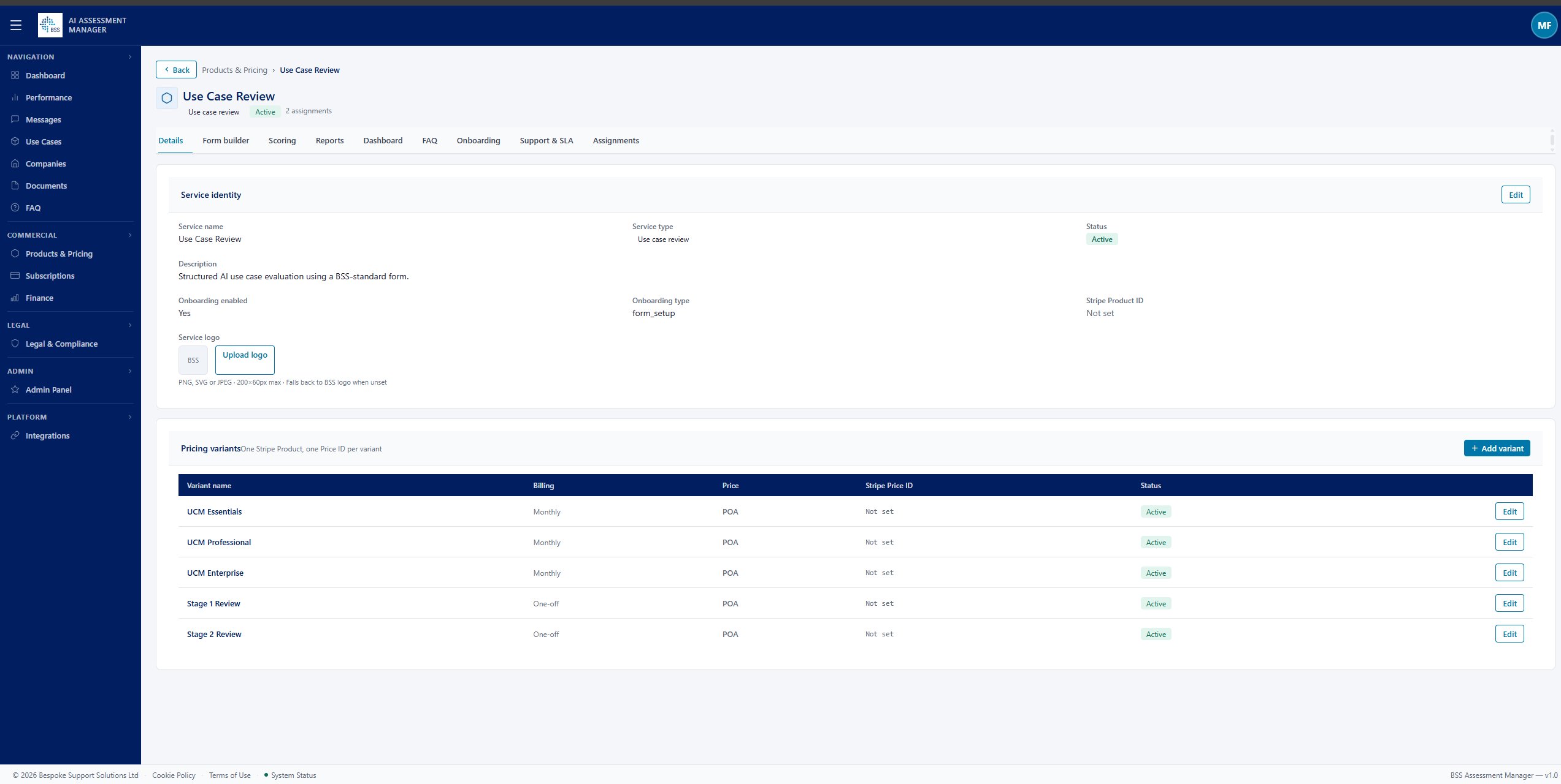 AIMS service configuration showing Essentials, Professional, and Enterprise tiers