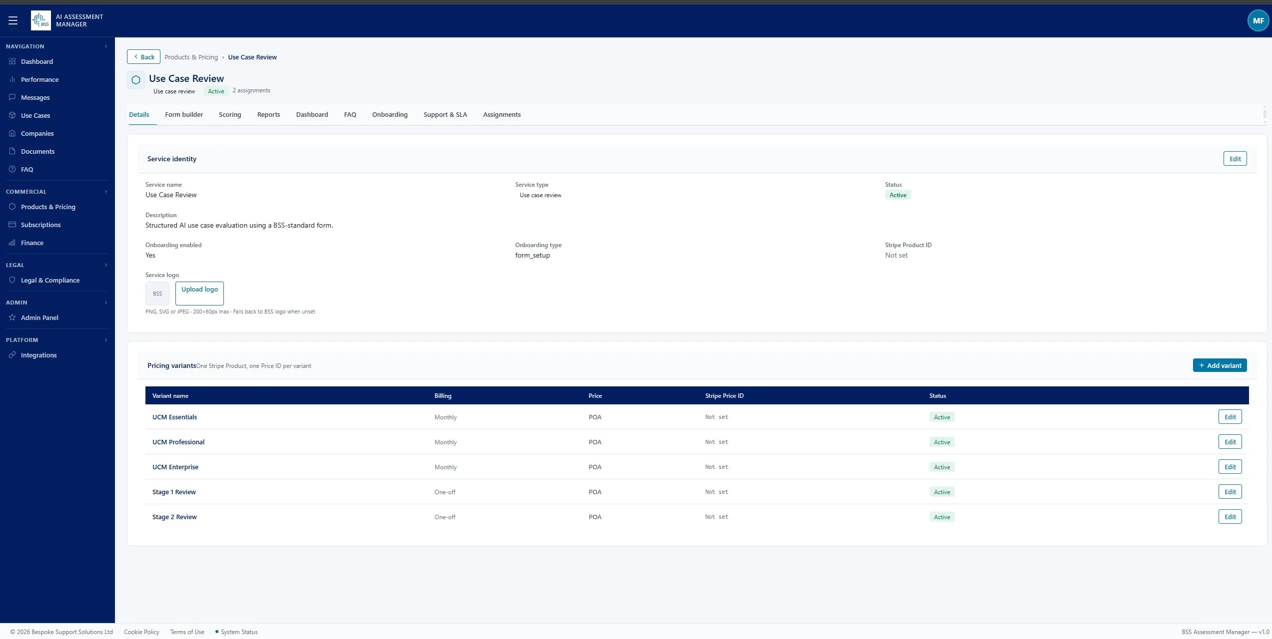 AIMS service configuration showing Essentials, Professional, and Enterprise tiers